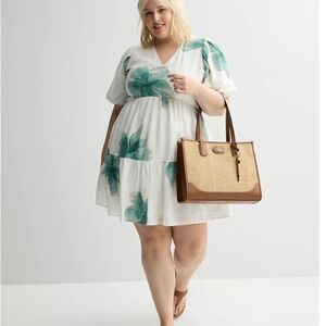 Nine West Womens 3X Floral Tiered Puff Sleeve V-Neck Mini Dress White Teal Green